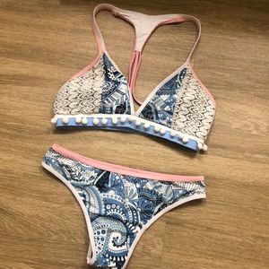 Pink and Blue Pattern Bikini with Pom Detail